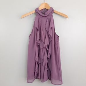Adiva Purple Ruffle Front High Neck Top